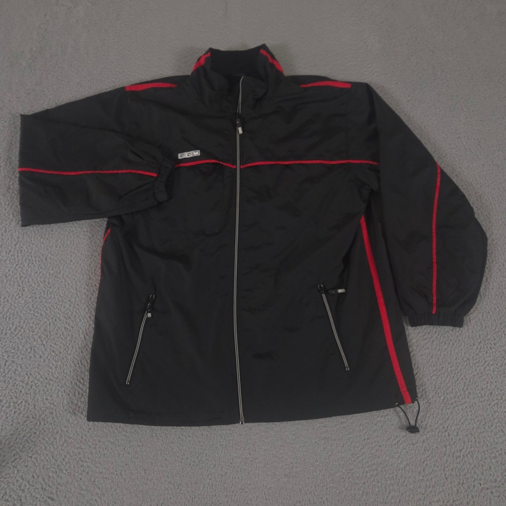 VINTAGE CCM Jacket Mens L Black Team Hockey Warm Up Windbreaker Full Zip 00s
